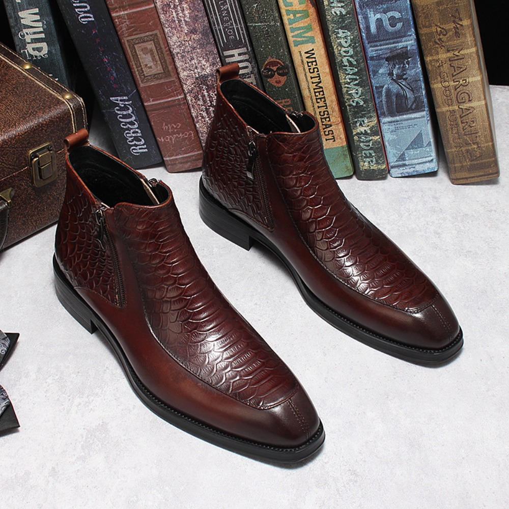 Mens Fashion Dress - รองเท้าบูทผู้ชายแบรนด์ดัง แฟชั่นเชลซีบูท หนังหรูหรา สีดำ รองเท้าบูทสไตล์คลาสสิกสำหรับธุรกิจและงานทางการ รองเท้าบูทข้อสั้นลำลองสำหรับผู้ชาย
