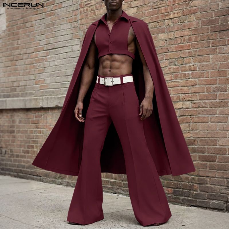 Mens Fashion Streetwear - INCERUN ชุดเซ็ตผู้ชาย สีพื้น ปกเสื้อแบบปกเชิ้ต แขนกุด เสื้อคลุมทรงแปลกตาและกางเกงขายาว