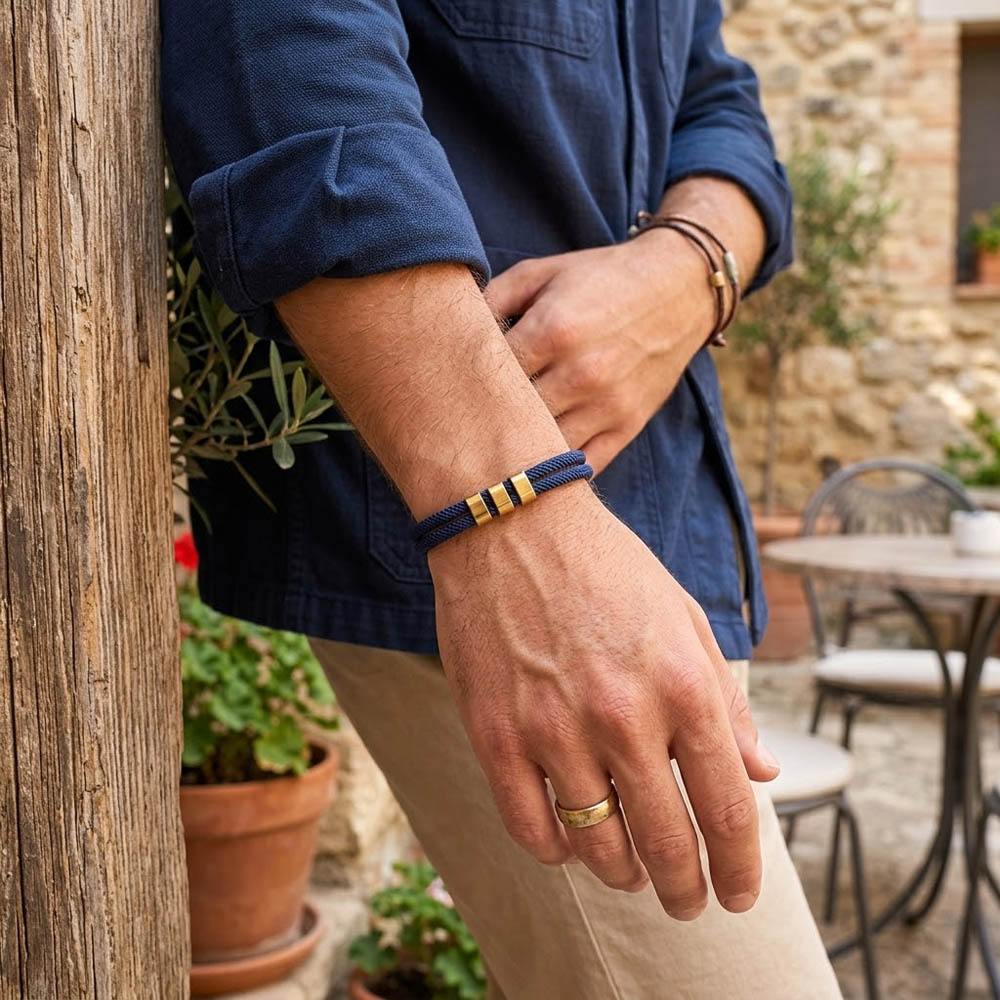 Milan Men'S Fashion - สร้อยข้อมือแฟชั่นสองชั้นแบบเชือกมิลานสำหรับผู้ชาย พร้อมลูกปัดทองสามเม็ดและตัวล็อกแม่เหล็ก เครื่องประดับสไตล์มินิมอล