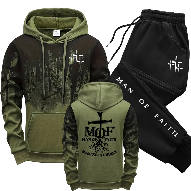 Mens Fashion Casual Outfits - ชุดวอร์มผู้ชาย Man of Faith เสื้อฮู้ดและกางเกงวอร์ม คอลเลคชั่นฤดูใบไม้ร่วง/ฤดูหนาว