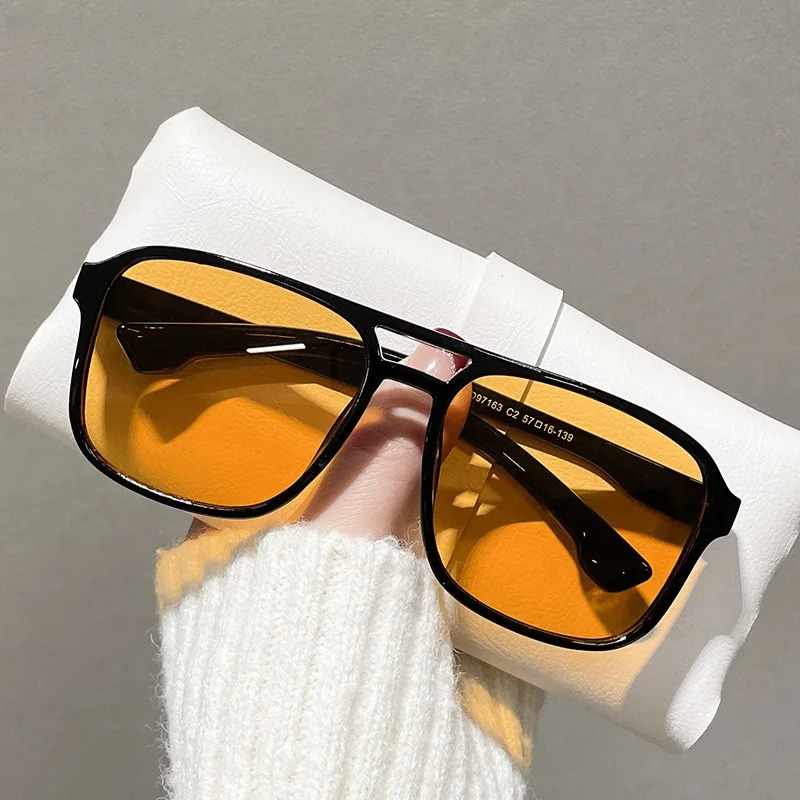 Men'S Fashion Glasses - แว่นกันแดดทรงสี่เหลี่ยมแบบสองบริดจ์สำหรับผู้หญิง แว่นตากันแดดสไตล์เรโทร UV400 สีส้มเหลืองสุดฮิต แว่นกันแดดแฟชั่นสำหรับผู้หญิงและผู้ชาย
