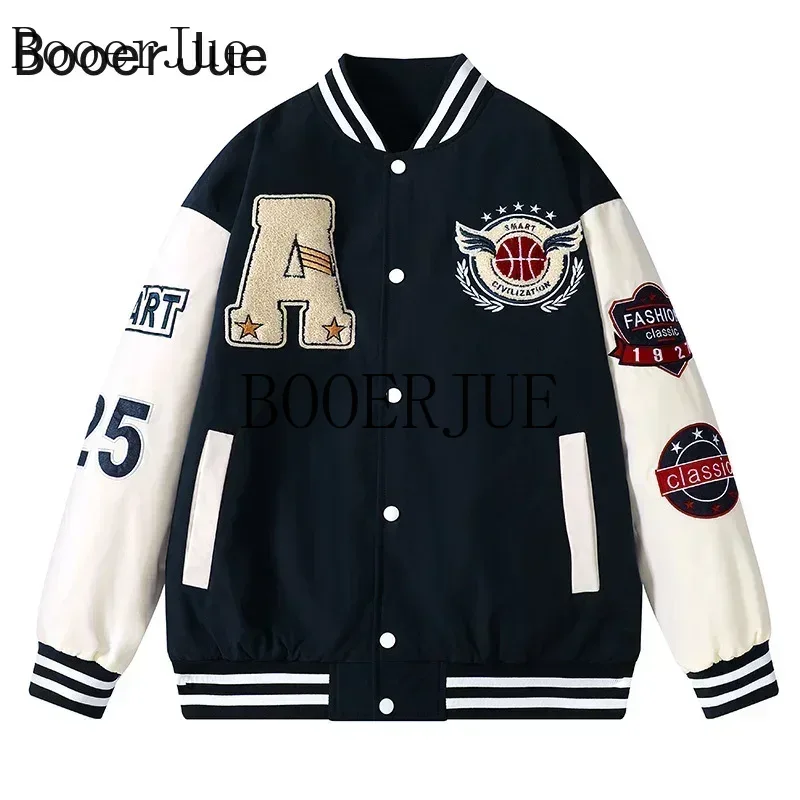 Varsity Jacket Letterman - เสื้อแจ็คเก็ตบอมเบอร์หนังเทียมลายตัวอักษรสำหรับกีฬาวิ่ง สไตล์ฮิปฮอป สตรีทแวร์ เสื้อคลุมกันหนาวแบบยูนิเซ็กส์ แจ็คเก็ตเบสบอลสไตล์วาร์ซิตี้สำหรับผู้ชาย