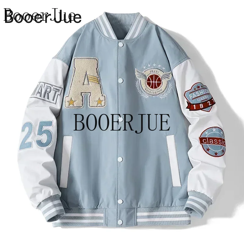 Varsity Jacket Letterman - แจ็คเก็ตเบสบอลแบบยูนิเซ็กส์สำหรับผู้ชาย สไตล์สปอร์ต พร้อมแผ่นปะตัวอักษร หนังเทียม แจ็คเก็ตบอมเบอร์ สไตล์ฮิปฮอป