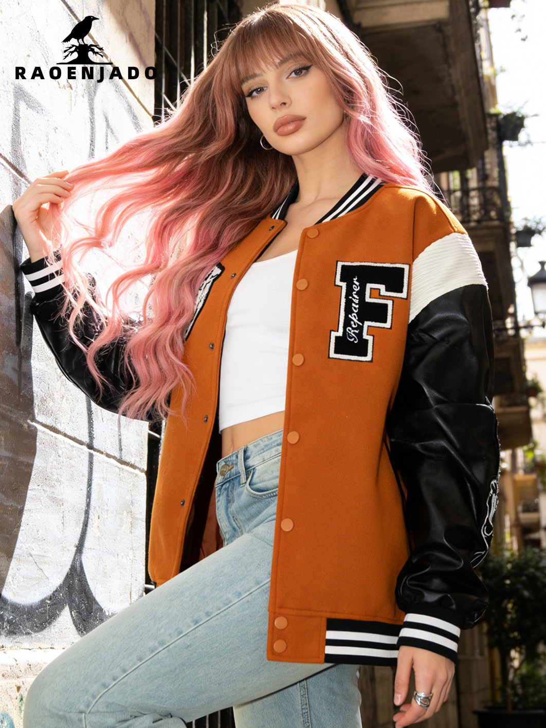 Varsity Jacket Letterman - เสื้อแจ็คเก็ตวาร์ซิตี้ลำลองสำหรับผู้หญิง เสื้อโค้ทเบสบอล Letterman สตรีทแวร์ พร้อมงานปักอย่างดีและแขนเสื้อหนังเทียม
