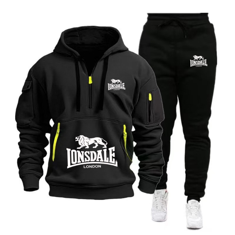Track Suit Men - LONSDALE ชุดเสื้อมีฮู้ดกระเป๋าจิงโจ้สำหรับผู้ชาย 2026 ใหม่ฤดูใบไม้ร่วงฤดูหนาวเสื้อสเวตเตอร์ผ้าฟลีซ+ กางเกงกีฬา 2