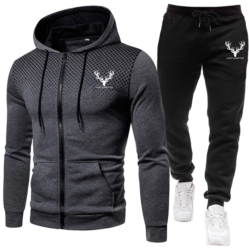 Mens Fashion Streetwear - ชุดเซ็ตผู้ชายมาใหม่ปี 2026 เสื้อฮู้ดซิปและกางเกงวอร์มสีดำ แฟชั่นลำลองสำหรับฤดูใบไม้ร่วงและฤดูหนาว ชุดออกกำลังกายกลางแจ้ง