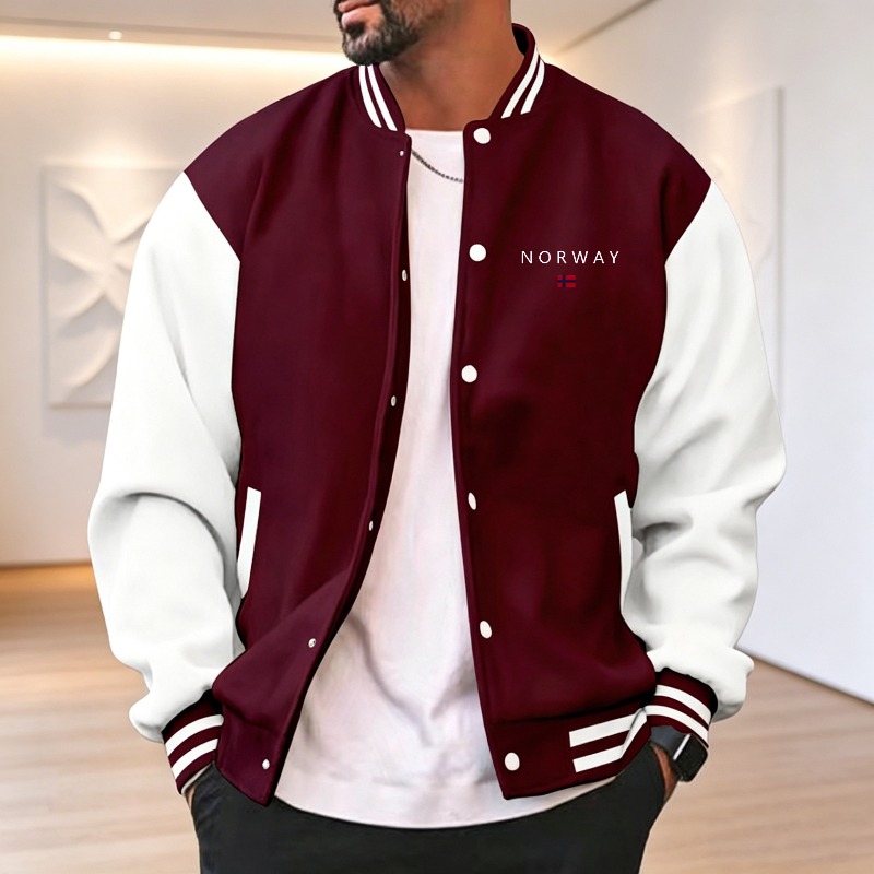 Varsity Jacket Letterman - เสื้อแจ็คเก็ตวาร์ซิตี้ผู้ชาย สีแดงไวน์ ขาว ลายบล็อกสี คอปกยางยืด ติดกระดุม