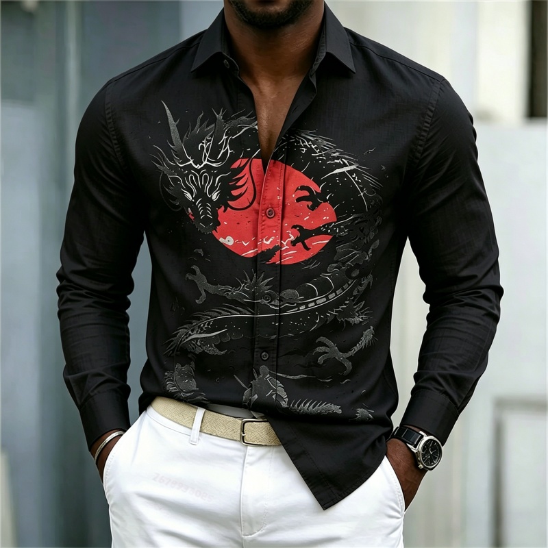 เสื้อเชิ้ตผู้ชายลายมังกรสีขาวด - Mens Fashion Streetwear บทวิจารณ์และราคา